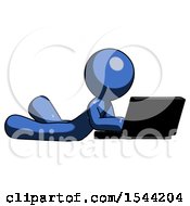 Poster, Art Print Of Blue Design Mascot Man Using Laptop Computer While Lying On Floor Side Angled View