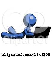 Poster, Art Print Of Blue Design Mascot Woman Using Laptop Computer While Lying On Floor Side Angled View