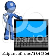 Poster, Art Print Of Blue Design Mascot Man Beside Large Laptop Computer Leaning Against It