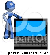 Poster, Art Print Of Blue Design Mascot Woman Beside Large Laptop Computer Leaning Against It