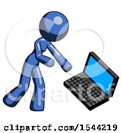 Poster, Art Print Of Blue Design Mascot Woman Throwing Laptop Computer In Frustration