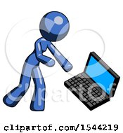 Blue Design Mascot Woman Throwing Laptop Computer In Frustration