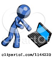 Poster, Art Print Of Blue Design Mascot Man Throwing Laptop Computer In Frustration