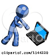 Blue Design Mascot Man Throwing Laptop Computer In Frustration