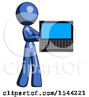 Poster, Art Print Of Blue Design Mascot Woman Holding Laptop Computer Presenting Something On Screen