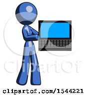Blue Design Mascot Woman Holding Laptop Computer Presenting Something On Screen