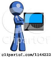 Blue Design Mascot Man Holding Laptop Computer Presenting Something On Screen