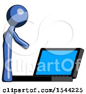 Blue Design Mascot Man Using Large Laptop Computer Side Orthographic View