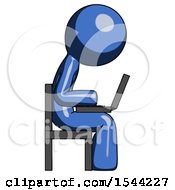 Blue Design Mascot Man Using Laptop Computer While Sitting In Chair View From Side