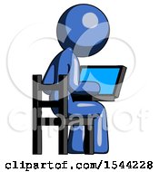Blue Design Mascot Woman Using Laptop Computer While Sitting In Chair View From Back