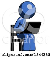 Blue Design Mascot Woman Using Laptop Computer While Sitting In Chair Angled Right