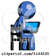 Blue Design Mascot Man Using Laptop Computer While Sitting In Chair View From Back