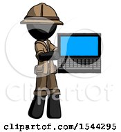 Black Explorer Ranger Man Holding Laptop Computer Presenting Something On Screen