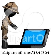 Black Explorer Ranger Man Using Large Laptop Computer Side Orthographic View