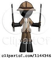 Black Explorer Ranger Man Posing With Two Ninja Sword Katanas Up