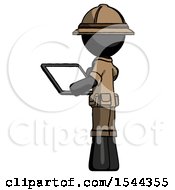 Poster, Art Print Of Black Explorer Ranger Man Looking At Tablet Device Computer With Back To Viewer