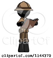 Black Explorer Ranger Man Reading Book While Standing Up Facing Away