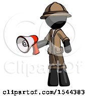 Poster, Art Print Of Black Explorer Ranger Man Holding Megaphone Bullhorn Facing Right
