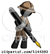 Black Explorer Ranger Man Drawing Or Writing With Large Calligraphy Pen