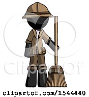 Black Explorer Ranger Man Standing With Broom Cleaning Services