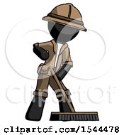 Poster, Art Print Of Black Explorer Ranger Man Cleaning Services Janitor Sweeping Floor With Push Broom