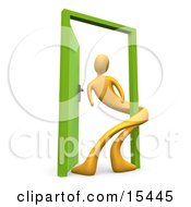 Yellow Person Twisted Around The Frame Of An Open Green Door Symbolizing Lonliness Split Personalities Uncertainty And An Egotistical Person