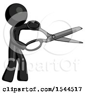 Black Design Mascot Man Holding Giant Scissors Cutting Out Something
