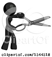 Black Design Mascot Woman Holding Giant Scissors Cutting Out Something