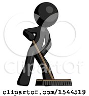 Black Design Mascot Man Cleaning Services Janitor Sweeping Floor With Push Broom