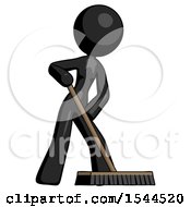Poster, Art Print Of Black Design Mascot Woman Cleaning Services Janitor Sweeping Floor With Push Broom