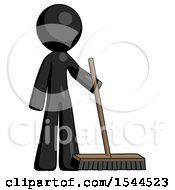 Black Design Mascot Man Standing With Industrial Broom