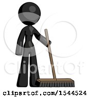 Black Design Mascot Woman Standing With Industrial Broom