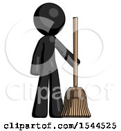 Black Design Mascot Man Standing With Broom Cleaning Services