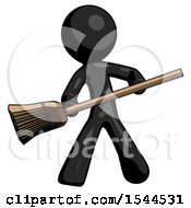 Black Design Mascot Man Broom Fighter Defense Pose