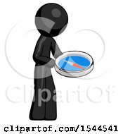 Poster, Art Print Of Black Design Mascot Man Looking At Large Compass Facing Right