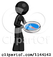 Poster, Art Print Of Black Design Mascot Woman Looking At Large Compass Facing Right