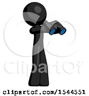 Black Design Mascot Man Holding Binoculars Ready To Look Right
