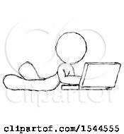 Poster, Art Print Of Sketch Design Mascot Woman Using Laptop Computer While Lying On Floor Side Angled View
