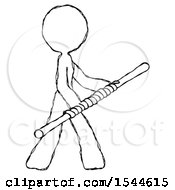 Poster, Art Print Of Sketch Design Mascot Woman Holding Bo Staff In Sideways Defense Pose