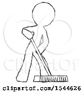 Poster, Art Print Of Sketch Design Mascot Man Cleaning Services Janitor Sweeping Floor With Push Broom