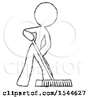 Poster, Art Print Of Sketch Design Mascot Woman Cleaning Services Janitor Sweeping Floor With Push Broom
