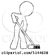 Poster, Art Print Of Sketch Design Mascot Man Cleaning Services Janitor Sweeping Side View