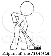 Poster, Art Print Of Sketch Design Mascot Woman Cleaning Services Janitor Sweeping Side View