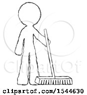Sketch Design Mascot Man Standing With Industrial Broom