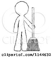 Sketch Design Mascot Man Standing With Broom Cleaning Services