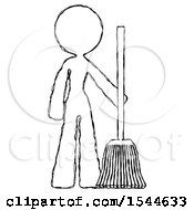 Sketch Design Mascot Woman Standing With Broom Cleaning Services