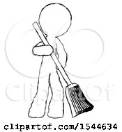Poster, Art Print Of Sketch Design Mascot Man Sweeping Area With Broom