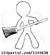 Sketch Design Mascot Man Broom Fighter Defense Pose