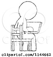 Poster, Art Print Of Sketch Design Mascot Man Using Laptop Computer While Sitting In Chair View From Back