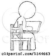 Poster, Art Print Of Sketch Design Mascot Woman Using Laptop Computer While Sitting In Chair View From Back